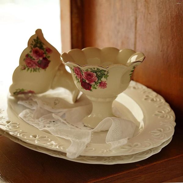 Tazas Vintage Gold Edge Taza de leche de cerámica Estampado de rosas Luz de lujo Estilo de Inglaterra Copa de helado Taza de té de la tarde Vajilla de fiesta en casa