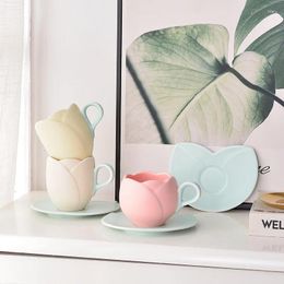 Tazas Vintage Tulip Coffee Cup High Beauty Exquisito Flower Tarde Tea Té de cerámica y placas