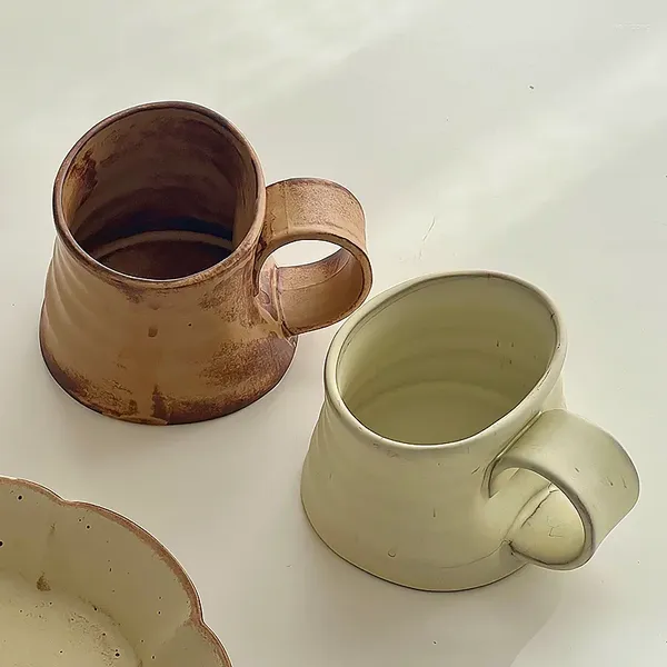 Tasses à eau en céramique, poterie grossière, four irrégulier, glaçage, café Latte, poignée de petit déjeuner, ustensiles de cuisine, maison