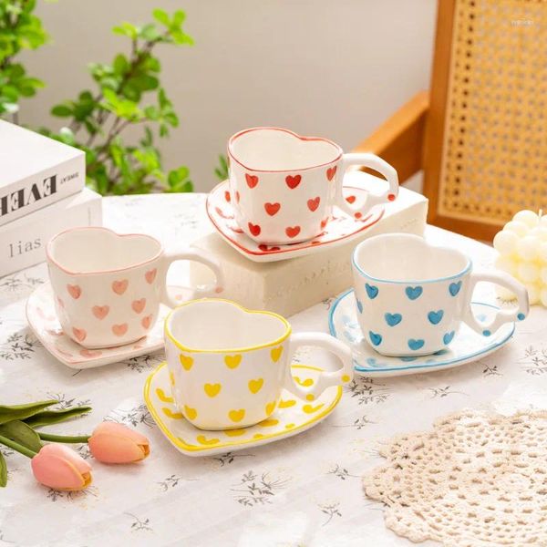 Tasses Tasse à café en céramique blanche et soucoupe ensemble petit déjeuner lait avoine tasse en forme de coeur après-midi thé collation assiette accessoires de cuisine