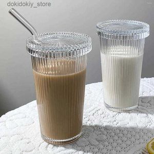 Tasses de vin lasses 375 ml Simple Korean Style Stripe Straw Paille Paille portable Ice American Milk Café de boisson froide Juice avec couvercle et L49