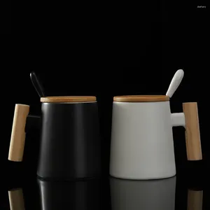 Tasses en bois manche en céramique tasse simple et créative de grande capacité tasse de café d'eau avec une cuillère de couvercle
