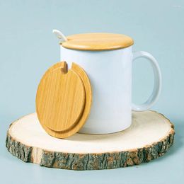 Tasses Coud en bois Logo personnalisé Personnalisé White Ceramic Coffee Sublimation Mug avec cuillère