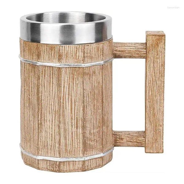 Tazas Taza de cerveza de barril de madera Portátil 600 ml Acero inoxidable y resina Material ecológico Taza de café