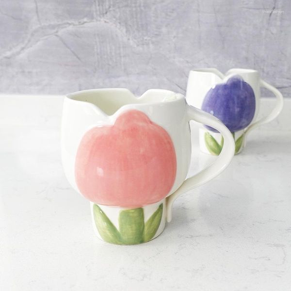 Tazas Wudruncy Ins, taza de tulipán rosa pintada a mano, bonita taza de leche de café en forma de flor, tazas de cerámica para postre