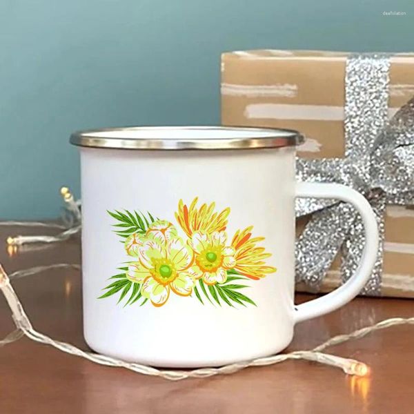 Tazas Taza de esmalte floral amarillo Metal duradero Regalos personalizados Taza de café Té Térmico para llevar tazas personalizadas y