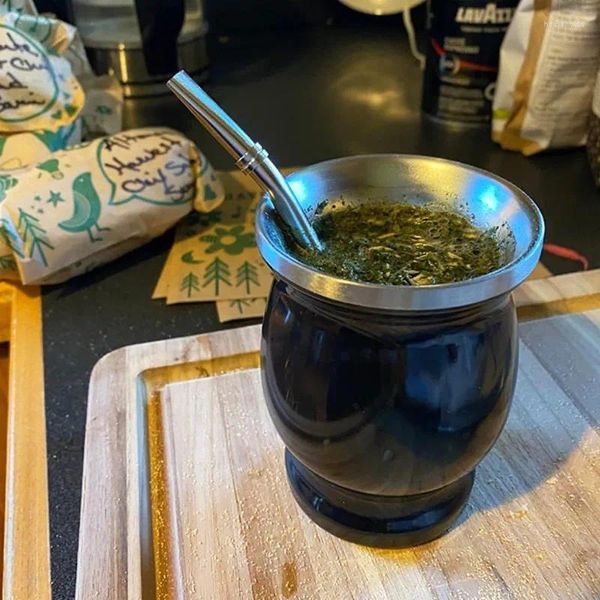 Tasses Yerba Mate Cup 304 Tasse à thé portable à double paroi en acier inoxydable Gourde argentine avec entonnoir de paille et brosse de nettoyage