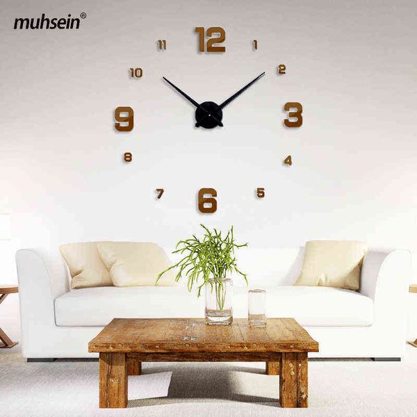 Muhsein 2022 Full Golde Sliver Reloj de pared negro Diseño moderno Decoración del hogar Reloj Único Tamaño grande 3D Etiqueta de la pared Relojes G220422