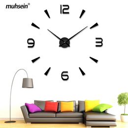 MuhSein Moderne Horloge murale Acrylique Miroir Stickers muraux Horloge 3D Grand décor à la maison Montre Mute Quartz Horloges 210325