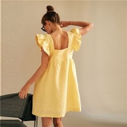 Muiches Casual vierkante kraag vlinder mouw mini zoete jurk vrouw backless hoge taille losse linnen vaste zomer 220613