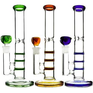 Vert Bleu Ambre Narguilés Tube Droit Triple Percolateur En Nid D'abeille Perc Coloré Bongs En Verre Tonado Huile Dab Rigs 14mm Joint Conduites D'eau