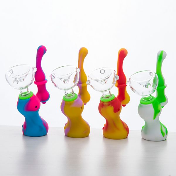 Muilt colors Mini Protable Bongs de silicona con recipiente de vidrio Bubbler de silicona Tubería de agua percha de banger Plataformas petroleras pequeñas Dab Rig 488