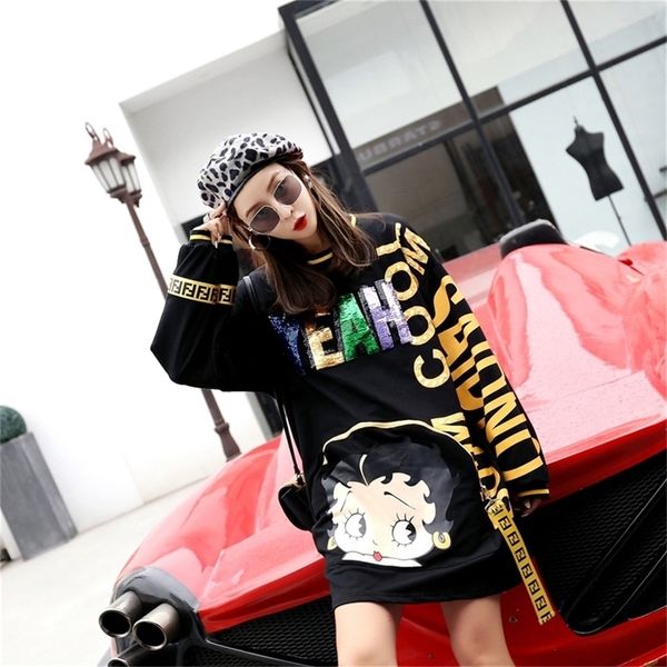 Mujeres Cartoon Sweatshirts Dress High Street Sequins O-Neck Hoodies Plus Size Casual Loose Long Pulls Jumper 201217