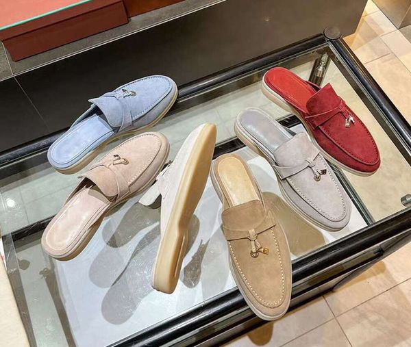 Mules Mocassins En Daim Femmes Pantoufles Appartements 100% Mocassin Réel Taille 35-45 Chaussures De Créateur De Luxe Slip-Ons D'été Profonde Ocra Babouche Charms Marche Lin Chaussures À La Mode