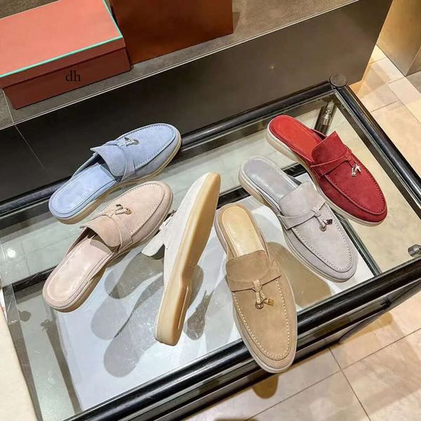 Mule Locs en daim Femmes Slippers Flats 100% réel mocassin taille 35-45 Chaussures de designer Slip-onS Deep Ocra Babouche Charms Walk Linen avec boîte 15