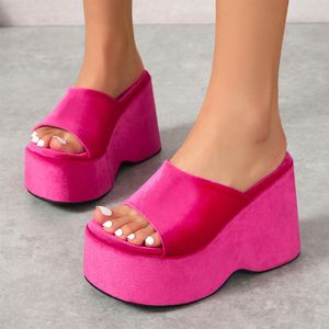 Mules mode rose coins femmes veet glissade plate-forme sandales dames décontractées talons hauts d'été