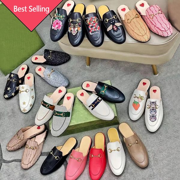 Mules Leather Slipper Real Leather Designer Sandales Mules Men Femmes Femme broderie Logo en cuir Sandales plates classiques Luxury Princetown Slippers Size 34-46