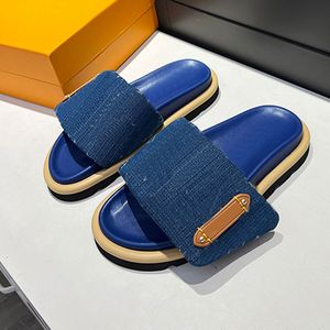 Mules Piscine Oreiller Plat Confort Mule Couple Bleu Denim Diapositives Chaussures Hommes Designer Pantoufles Femmes Luxe Sandale Sandales De Plage Vintage Imprimer Flip Lettre Pantoufle 35-46