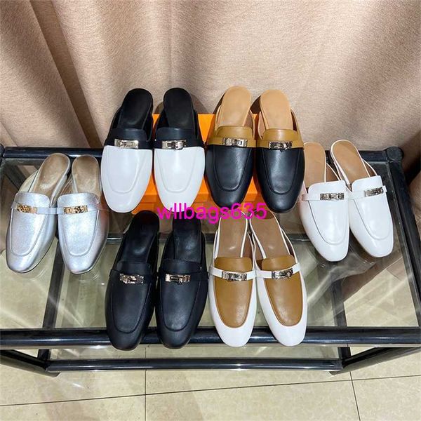 Mulas Sandalias Mocasines de media cabeza Zapatillas de cuero Familia 2024 Verano Cuero completo Nuevo tipo Baotou Medias zapatillas para mujer Outwear Muller Zapato con logo HB3S7O