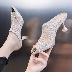 Mules Summer Pointed Women Rhinestone Half Elegant Slipper Toe Mesh Hoge Heels Sandalen Comfortabel Mid Heel Dames schoenen 240322 670 S