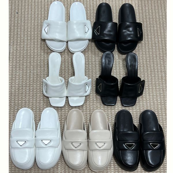Mules Triangle zapatilla de diseñador acolchada Flattie Clog Sandals tacón plataforma tacones zapatos de punta abierta diseñadores de lujo para mujer suela de cuero