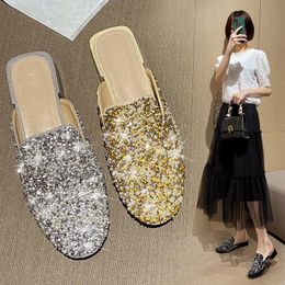 Mules femmes pantoufles Bling perle sandales chaussures d'été femme tongs couverture orteil paillettes diapositives talons bas perles Paillette 7475