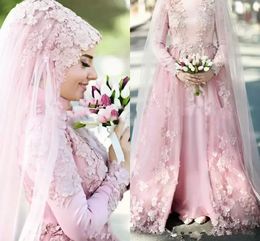 Mulisme Hijab A-lijn trouwjurken Bloem kanten Appliques Roze bruidsjurken Lange mouw Hoge nek Midden-Oosten Arabische Dubai Islamitische gewaad de mariee