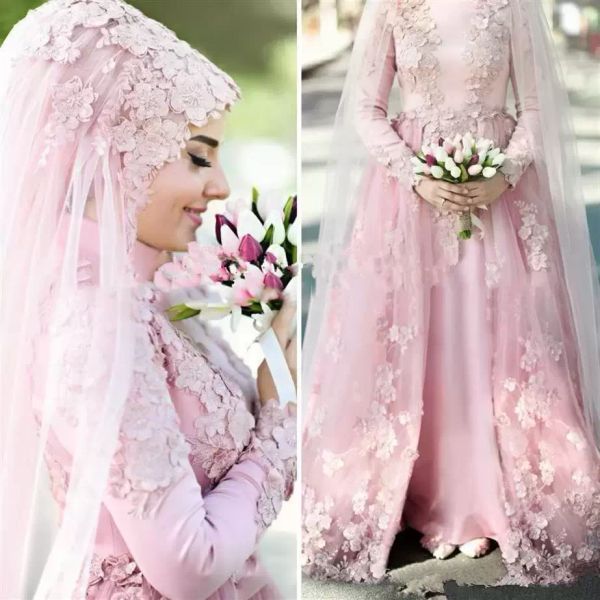 Mulism Hijab Robe De Mariée Floral Dentelle Appliques 2023 Rose A-ligne Robes De Mariée À Manches Longues Col Haut Moyen-Orient Arabe Dubaï Islamique Robe De Mariee