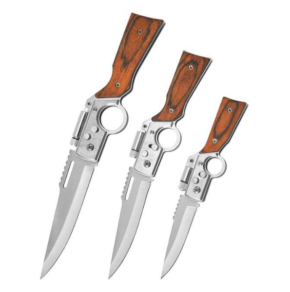 Couteaux de poche multifonctionnels avec torche LED manche en bois léger EDC outil tactique chasse Camping survie pliant AK47 couteau