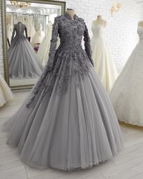 Mulsim bloemen Appliques prom jurken voor vrouwen elegante grijze lange mouwen tule bal jurk avondjurk vloer lengte Arabische dubai bloemen formeel feestkleding