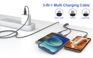 Multi-oplaadkabel 1,2 m nylon gevlochten snoer 3 in 1 USB-oplaadkabel voor iPhone Android mobiele telefoons Tabletten Universeel gebruik Lading