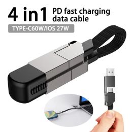 Multi -oplaadkabel kort voor reis draagbare magnetische sleutelhanger 4 in 1 snelle lader koord PD 60W USB A/C om C voor telefoonblokken te typen