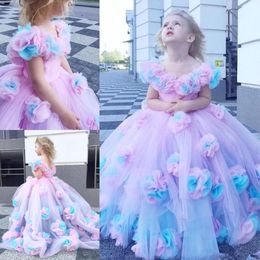 Vestido de fiesta de tul con hombros descubiertos y flores en 3D de varios colores, vestidos de flores para niñas con cremallera en la espalda, ropa Formal para niñas con tren de barrido