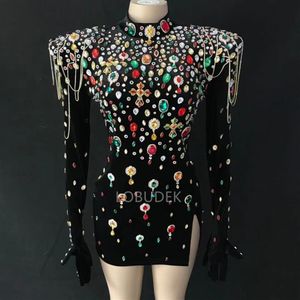 Robe noire multicolore à gros strass, pierres de verre pour femmes, bal de promo, célébration d'anniversaire, cristaux, soirée, scène, chanteur, Dancer318R