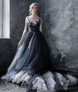 Robe de mariée gothique noire multicolore 2022, col transparent, dentelle appliquée, dos nu, tulle, traîne longue, robes de mariée sexy, ligne A, robes de mariée de campagne