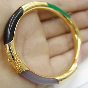 Bracelet à fermoir multicolore en Agate de Jade 18KGP, vert, noir, rouge, violet, rose, 222a