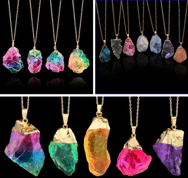 Multi Couleur À La Main Irrégulière Améthyste Citrine Fil Enroulé Pendentif Collier Femmes Pierre Naturelle Cristal Quartz Fluorite Colliers Bijoux