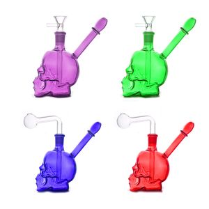 Mini brûleur à mazout en verre multicolore Bong en forme de crâne Narguilé Shisha Creative Pipe à eau Mini Bubbler Dab Rigs pour fumer avec tuyau de brûleur à mazout Downstem