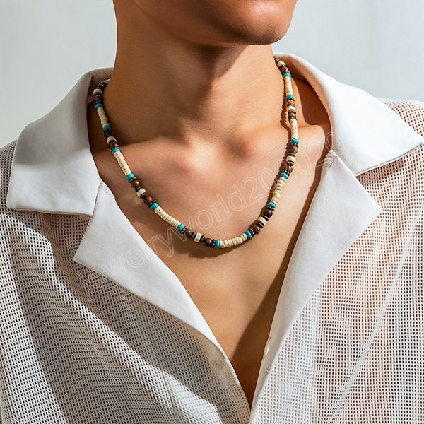 Collier de petites chaînes de perles en bois multicolores pour hommes, collier de perles tendance sur le cou, accessoires ras du cou court, bijoux à la mode 2023