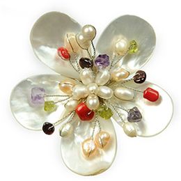 Broches de flores Grano de viruta de piedra de varios colores y perlas de agua dulce Nácar natural de concha blanca 5 piezas