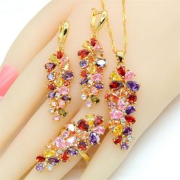 Ensembles de bijoux multicolores en zircone couleur or pour femmes, boucles d'oreilles, collier, pendentif, bagues, boîte cadeau 220726