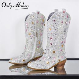 Onlymaker 277 Multi-colored Sparkly Women Rhinestone Handmade Mid-calf Western Boots 240407 30969 89608