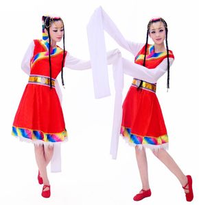 Costume de danse tibétain multicolore, vêtements ethniques, robe à manches allongées, vêtements de scène folklorique chinoise