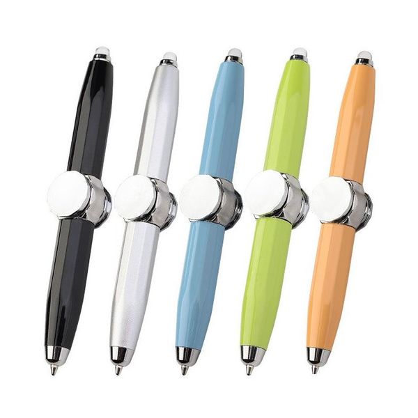 Stylos multifonctions en gros LED stylo à bille MTI Spinning rotatif Gyro décompression jouet cadeau logo personnalisé 12 couleurs Drop Deliv Otb3A