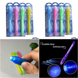 Bolígrafos multifunción al por mayor Light UV LED Pen Paquete de tarjeta de blister individual para cada negro con luces violetas Tra Tinta invisible MTI F Dhjxy