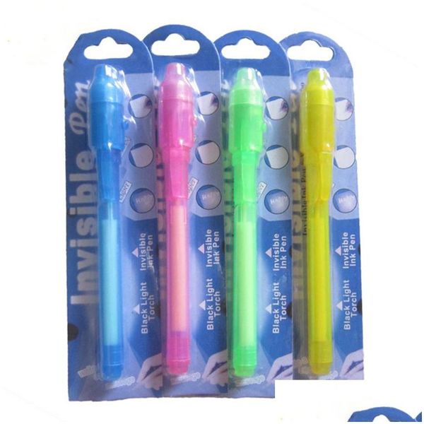 Bolígrafos multifunción al por mayor Luz UV LED Pen Paquete de tarjeta de blister individual para cada negro con luces violetas Tra Tinta invisible MTI DHJHY