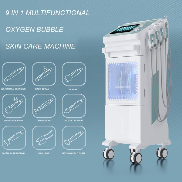 Equipo de belleza multifuncional 9 en 1 Molino de agua Limpieza Nano Spray Plasma Electroporación RF Ion Clamp Mask Facial Eye Ultrasound Máquinas de oxígeno