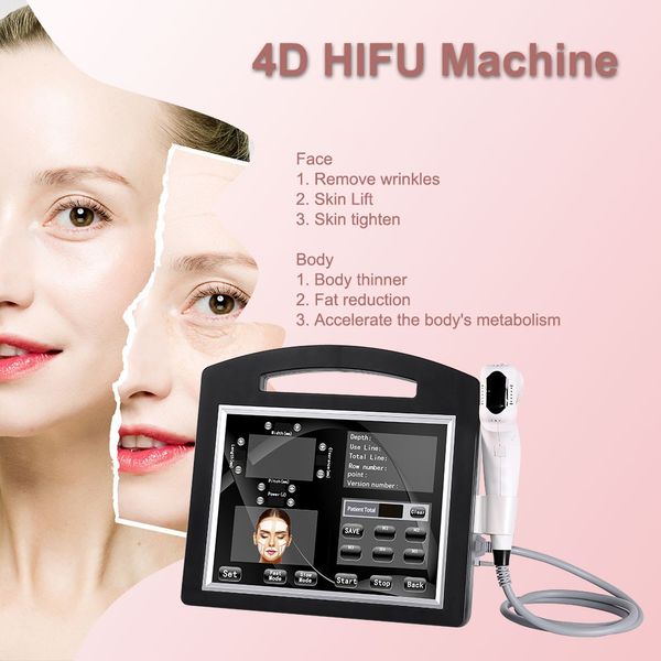 Equipo de belleza multifuncional Hifu 4D Adelgazamiento corporal Eliminación de arrugas Estiramiento facial Tratamiento de rejuvenecimiento de la piel 12 líneas 20000 disparos Máquina de cartuchos de 3,0 mm y 4,5 mm