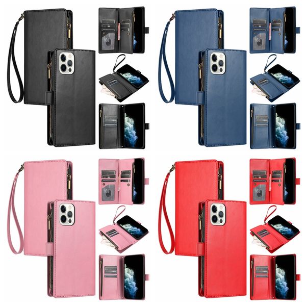 Fundas de billetera de cuero multifuncionales para iPhone 15 14 Pro Max 13 Plus 12 11 X XS XR 8 7 6 Negocios Dinero en efectivo Bolsillo con cremallera Tarjeta de identificación Ranura para tarjeta Flip Cover Teléfono Monedero Correa