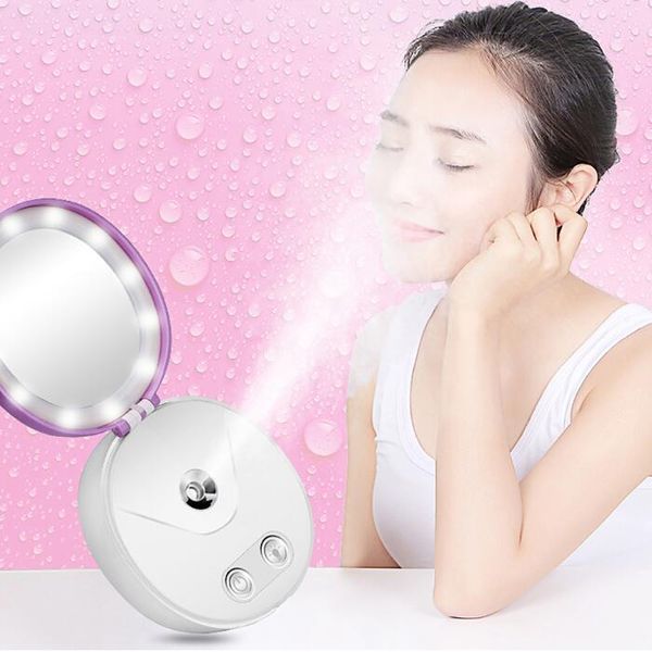 Maquillaje portátil multifuncional, luces cosméticas, espejo, pulverizador de Nano niebla, vaporizador para el cuerpo Facial, banco de energía hidratante para la cara